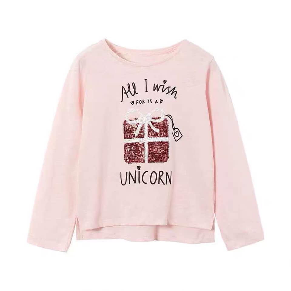 Aó cotton dài tay bé gái HM đính kim sa lật hình ngựa poly giao màu ngẫu nhiên