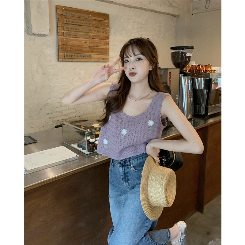 Áo kiểu NZN dệt kim hai dây dáng ngắn dễ phối đồ thời trang mùa hè xinh xắn mới dành cho học sinh nữ