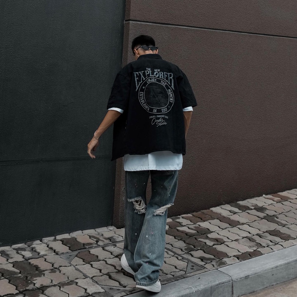 Áo sơ mi nam nữ oversized fit CANDLES TNE DOUBLE KNEE hình in sắc nét kết hợp thêu nổi Kaki 10oz chính hãng