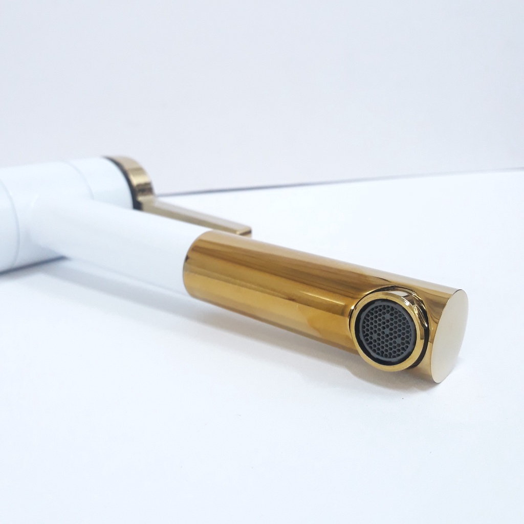 Vòi lavabo nóng lạnh bằng đồng hình trụ tròn 30cm sơn tĩnh điện Trắng Vàng cao cấp