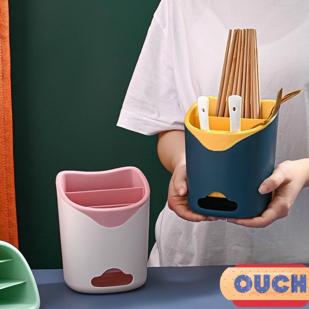Ống đựng đũa, muỗng 2 ngăn tiện lợi, Hộp đựng đũa muỗng 2 ngăn có lỗ thoát nước
