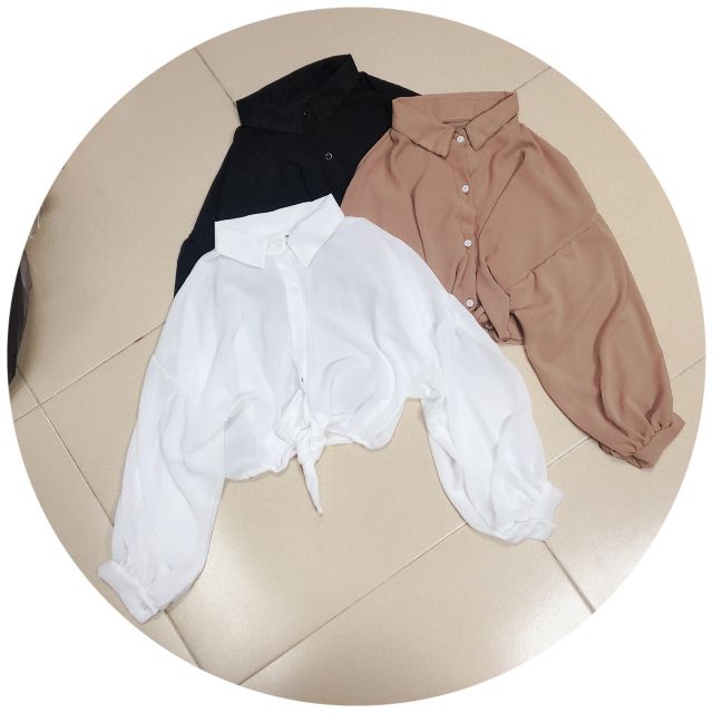 Áo sơ mi voan lửng cột eo siêu phong cách