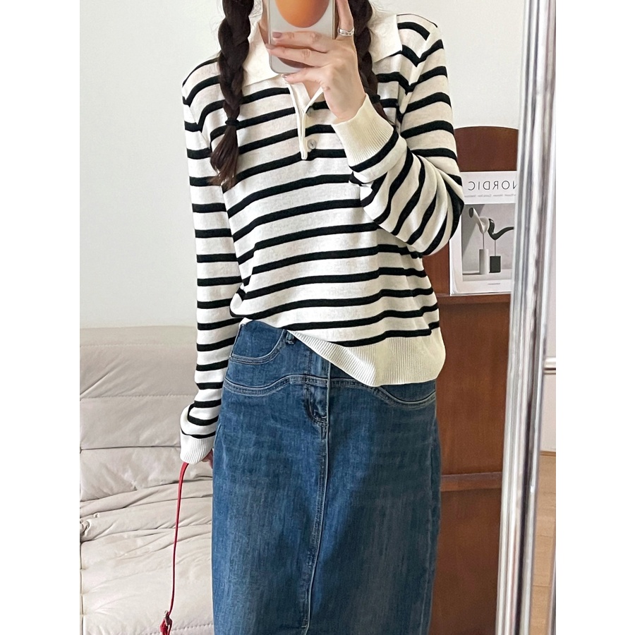 【ZHELIHANGFEI】Áo Len POLO Tay Dài Form Rộng Họa Tiết Sọc Dễ Phối Đồ