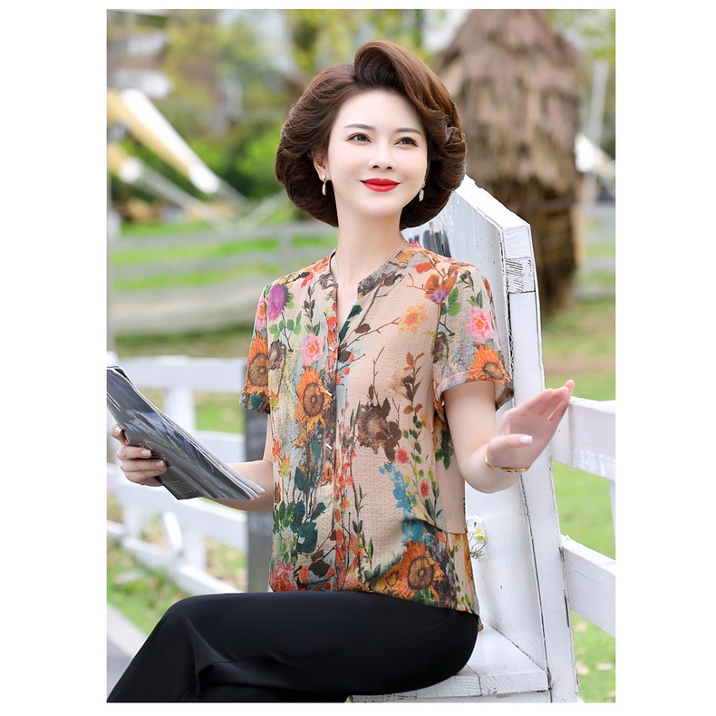 Áo Thun Tay Ngắn In Họa Tiết Phong Cách Phương Tây Thời Trang Mùa Hè Cho Nữ Trung Niên 50 Tuổi