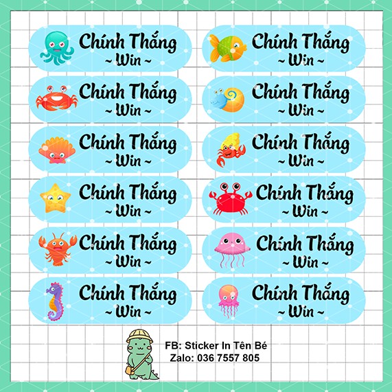 Sticker dán hình thú in tên theo yêu cầu, miễn phí thiết kế, 19 tem dán trên khổ giấy A4, dán sách vở, balo,... đồ dùng