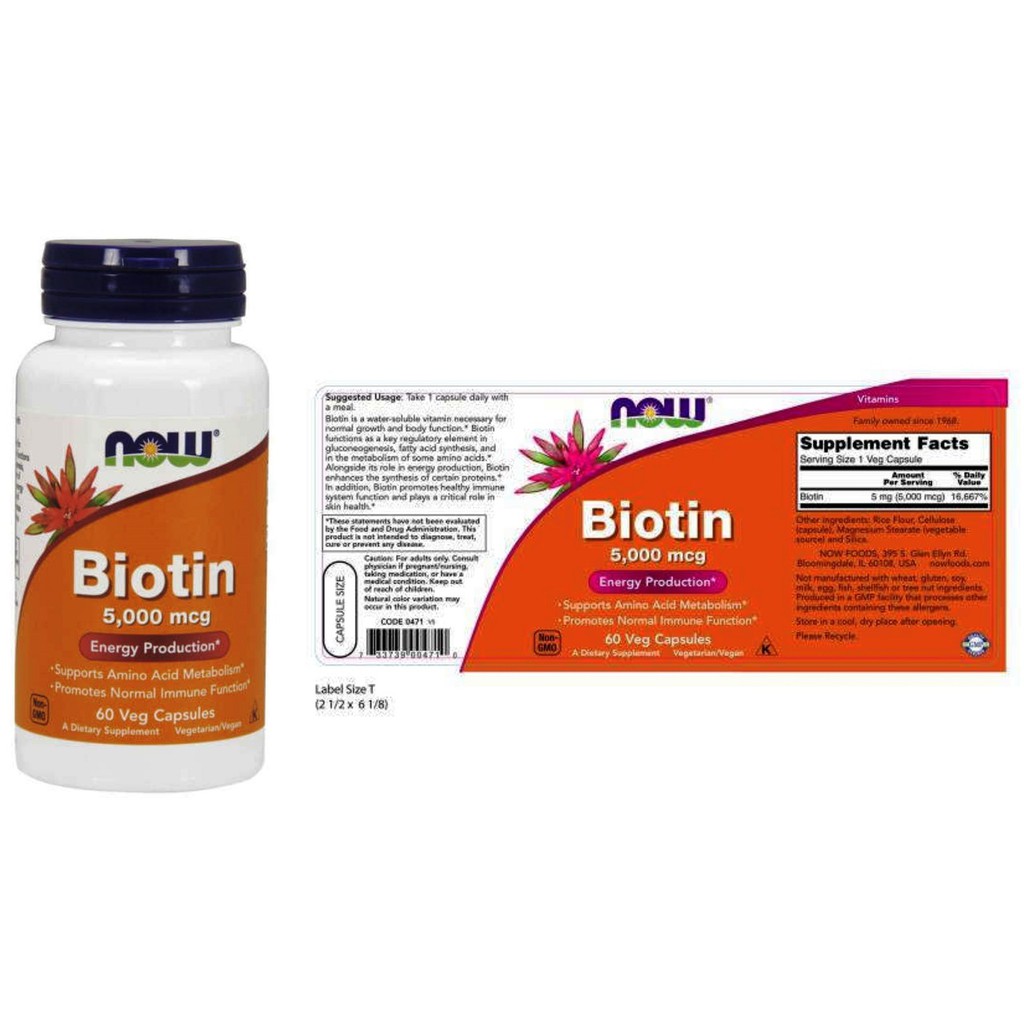 Thực Phẩm Bảo Vệ Sức Khỏe NOW Biotin 5,000mcg -  Bổ Sung 5,000mcg Biotin làm đẹp Cho Da, Móng, Tóc Chai 60 Viên