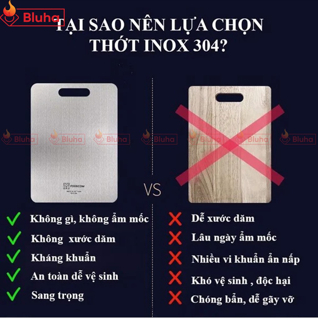 Thớt inox kháng khuẩn nặng 1,05kg sản xuất Việt Nam Foodcom005 không mùn không ẩm mốc giã đông thực phẩm nhanh