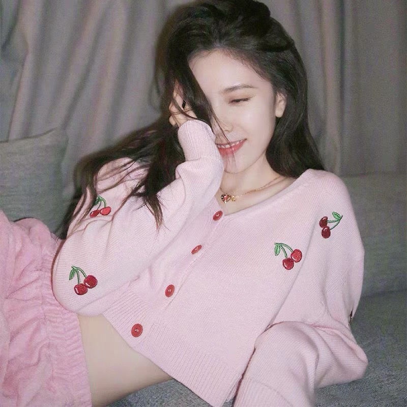 Áo Khoác Cardigan Dệt Kim Dáng Rộng In Họa Tiết Cherry Phong Cách Hàn Quốc Thời Trang Cho Nữ