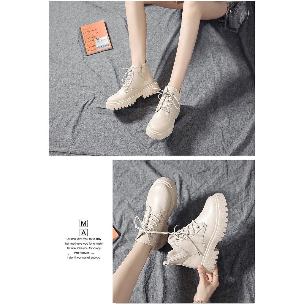 Giày Bốt Boots Martin Nữ Cổ Thấp Đế Cao 4 Phân Siêu Nhẹ Cột Dây Màu Đen Trắng Kem Ulzzang Hàn Quốc Cá Tính