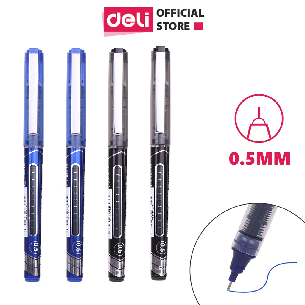 Bút ký mực gel xanh đen ngòi 0.5mm Deli nhanh khô nét viết đều đẹp lâu hết mực thân bút trong suốt kiểm tra lượng mực
