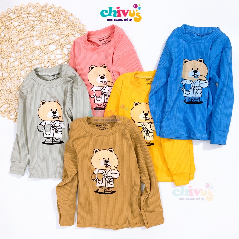 Bộ dài tay cho bé minkey mom áo len tăm dài tay cho bé trai bé gái in hình gấu ngộ nghĩnh đáng yêu
