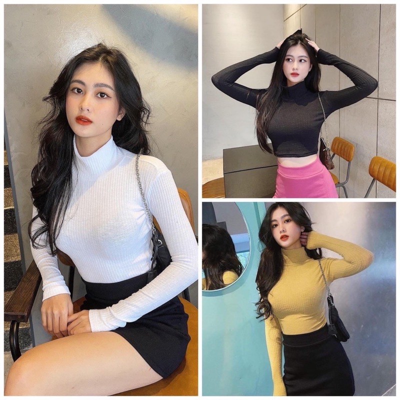 Áo Croptop Cổ Lọ Tay Dài (ẢNH THẬT)
