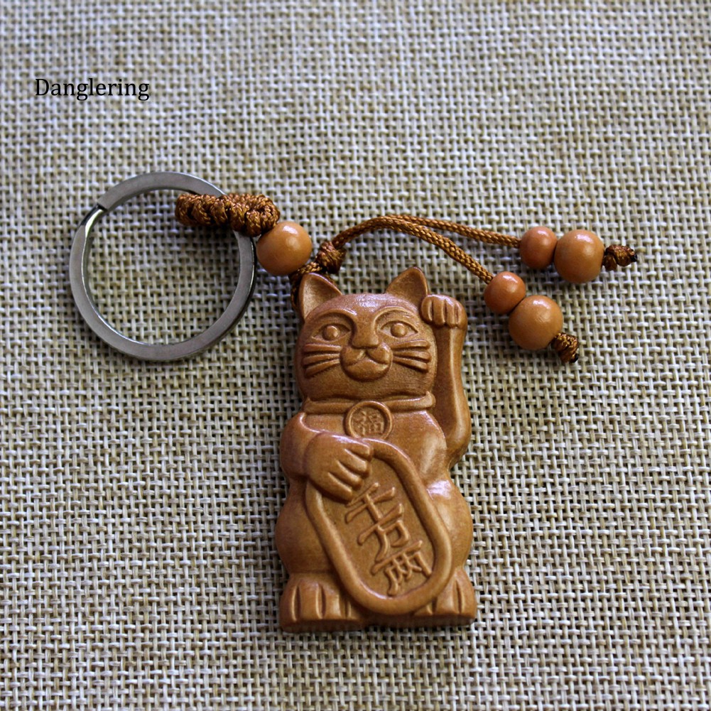 Móc chìa khoá mặt hình chú mèo may mắn bằng gỗ treo ba lô túi xách độc đáo