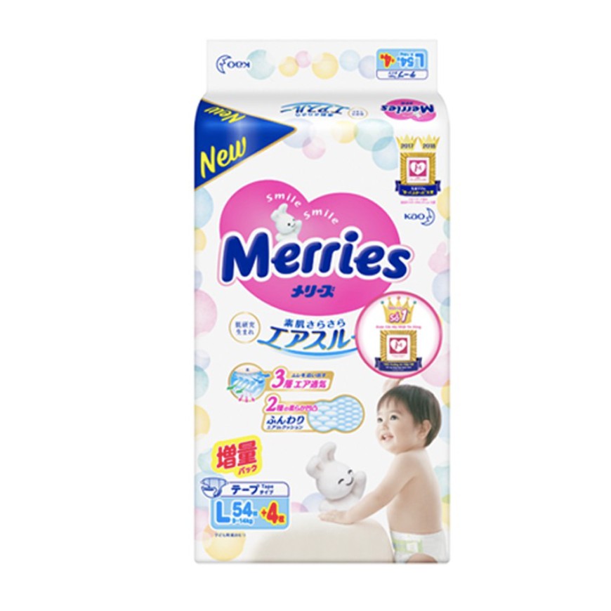 Tã/bỉm dán Merries size L - 54 + 4 miếng (Cho bé dưới 9-14 kg)