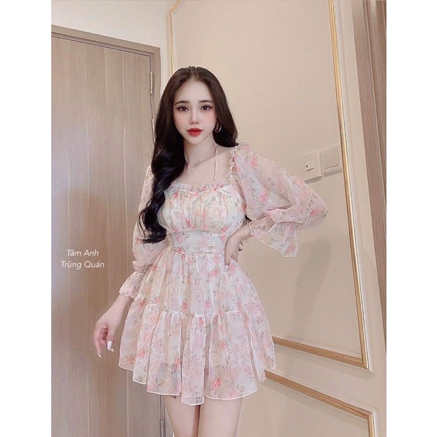 Đầm xoè voan hoa hai dây trễ vai