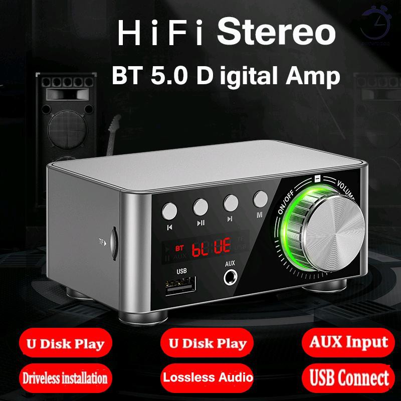 Bộ khuếch đại kỹ thuật số HIFI BT5.0 Bộ khuếch đại âm thanh nổi nhỏ 100W Công suất âm thanh kênh đôi Bộ thu âm thanh stereo AMP USB AUX cho rạp hát tại nhà USB TF Card Player Sliver♠