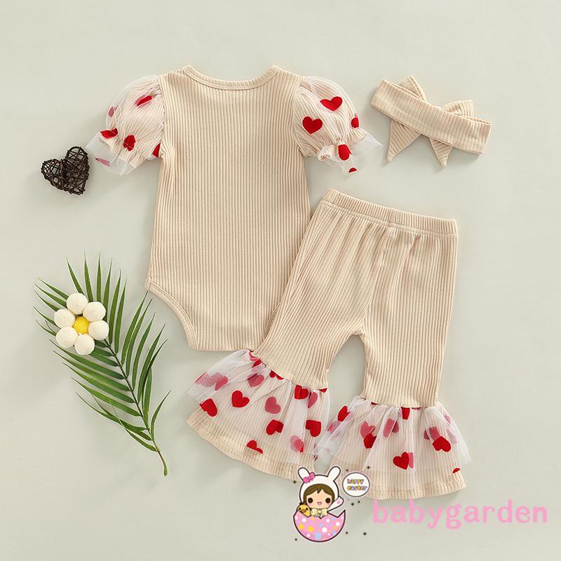 Bộ Áo Liền Quần Tay Ngắn In Chữ + Quần Ống Loe Lưới + Băng Đô Nơ Dành Cho Bé Gái 0-24 Tháng Tuổi