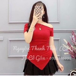 Áo trễ vai thun zip siêu mát_áo lệch vai body vạt chéo_