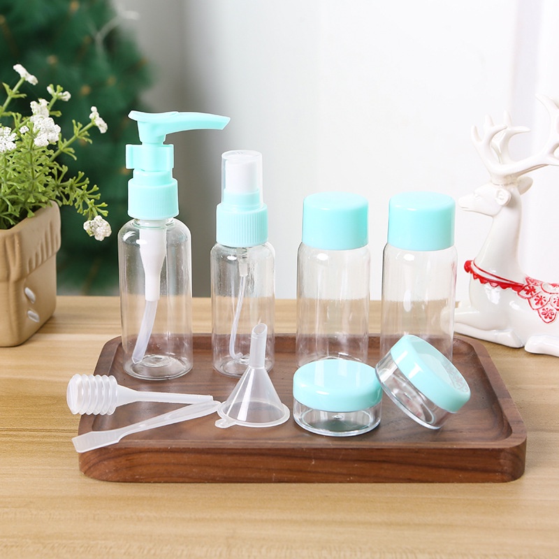 Bộ 7 món chiết mỹ phẩm xanh/hồng thuận tiện mang theo du lịch tặng kèm túi zip nhựa