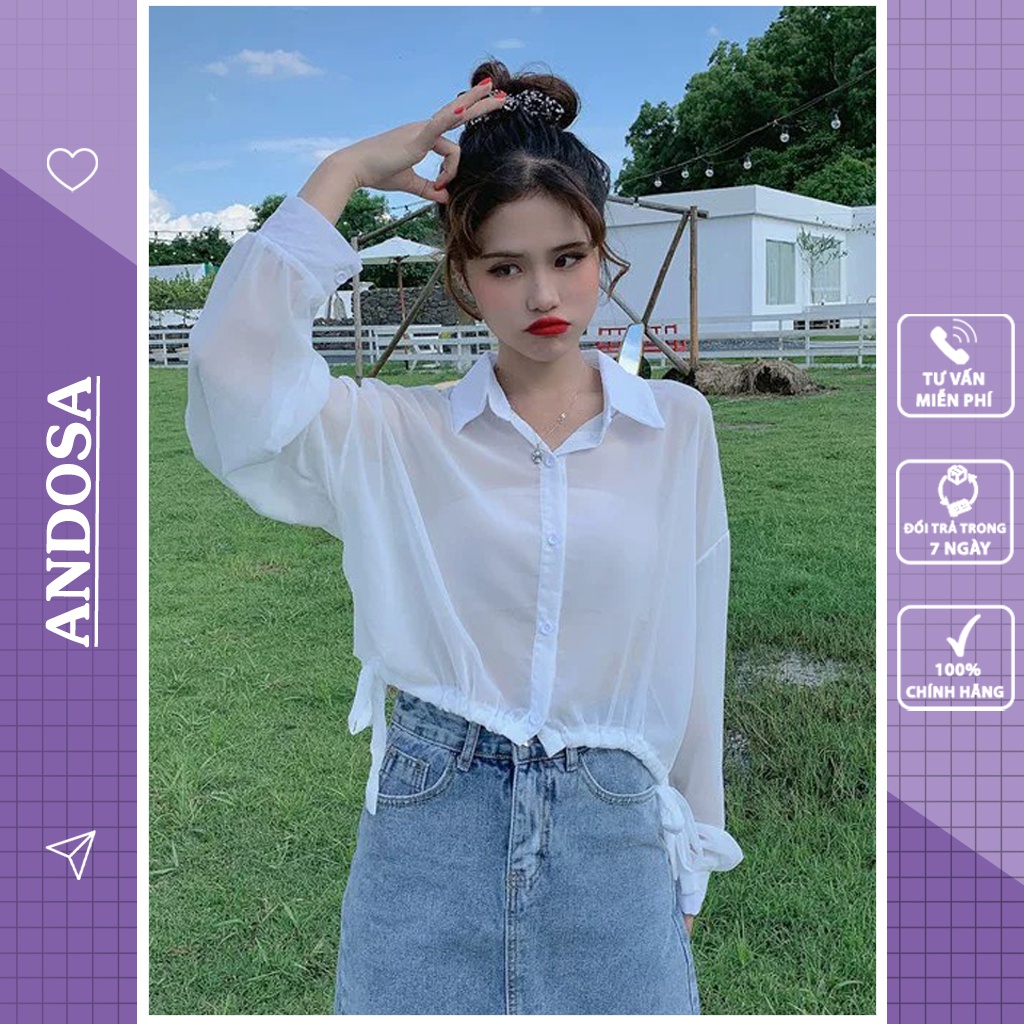 Áo sơ mi nữ croptop kiểu cột dây tay dài form rộng vải mỏng hàng Quảng Châu ANDOSA SM23