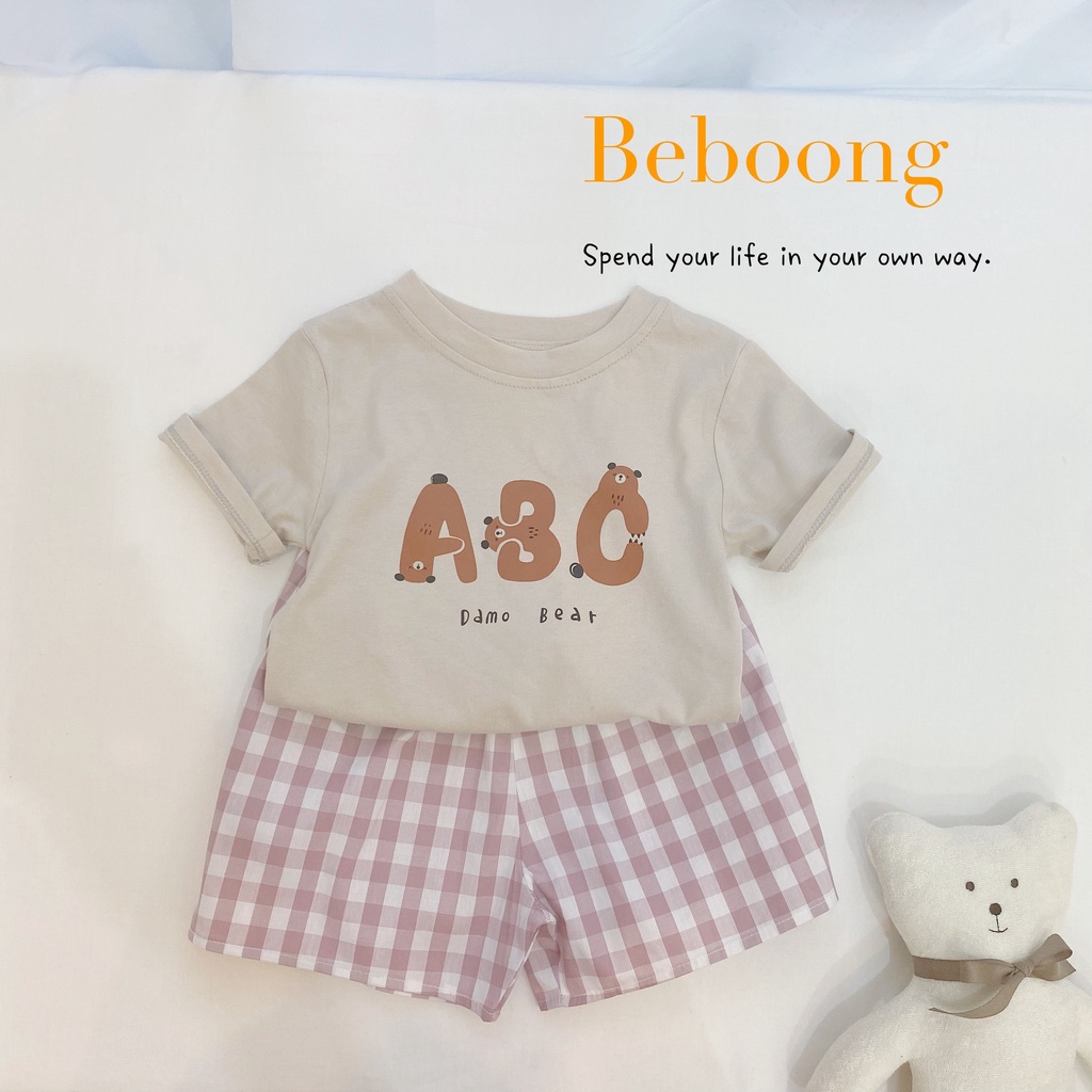 Bộ cotton bé gái mềm mát, bộ thun bé gái vải cotton quần caro cá tính