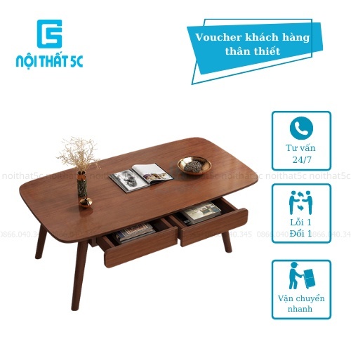 Bàn trà, bàn sofa màu óc chó có ngăn kéo lưu trữ đồ phong cách Nhật Bản