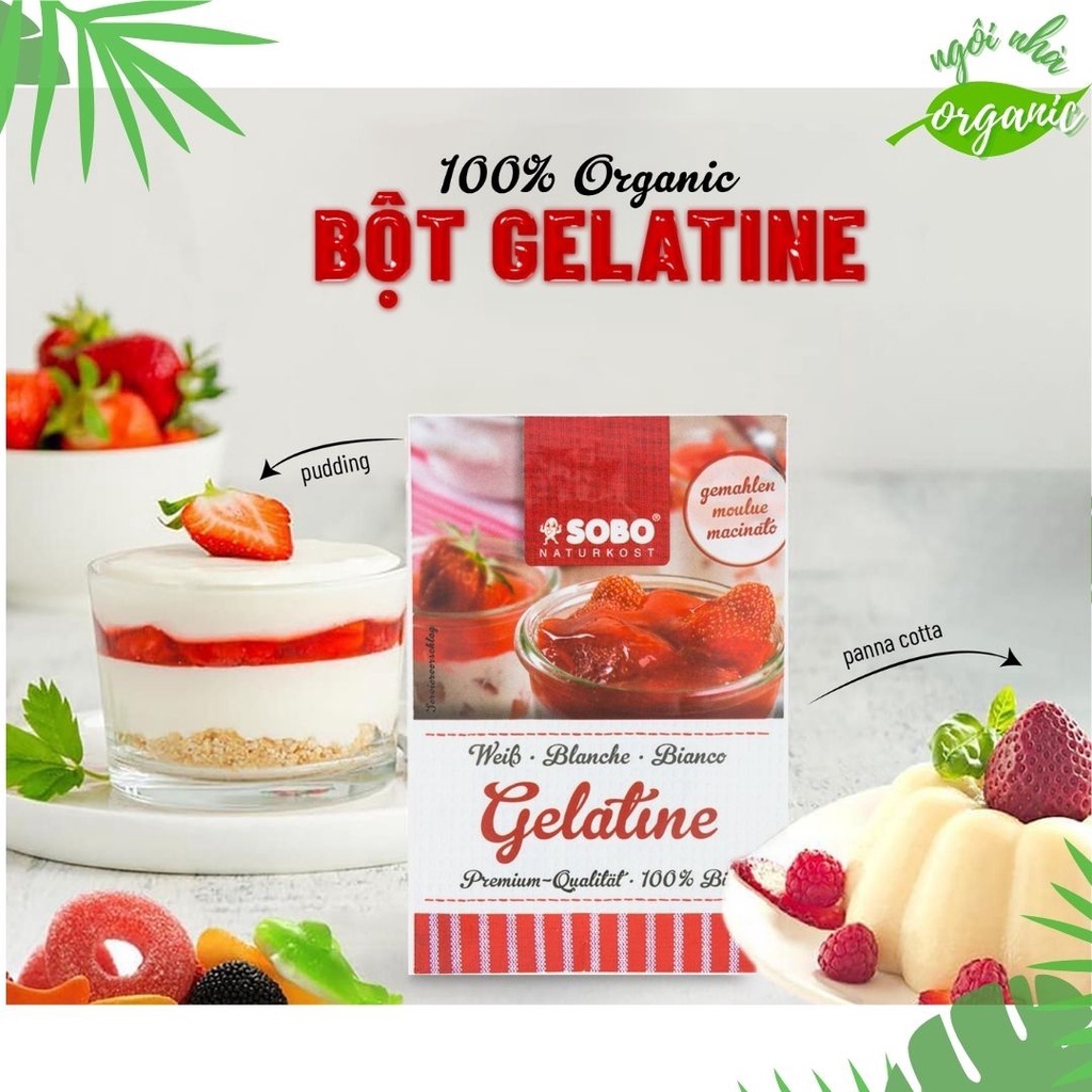 Bột Gelatine hữu cơ Sobo 9g làm pudding/cheescakes/panna cotta chanh dây/kẹo ngậm