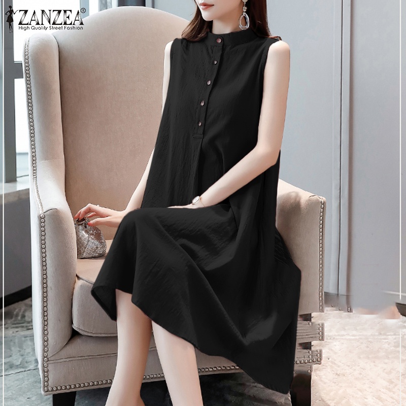ZANZEA Đầm Mini Không Tay Cổ Tròn Cài Nút Phía Trước Thời Trang Cho Nữ