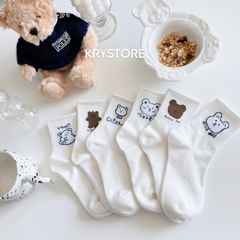 Tất vớ cổ cao trắng hình Gấu Cute chất Cotton đẹp Krystore TC24