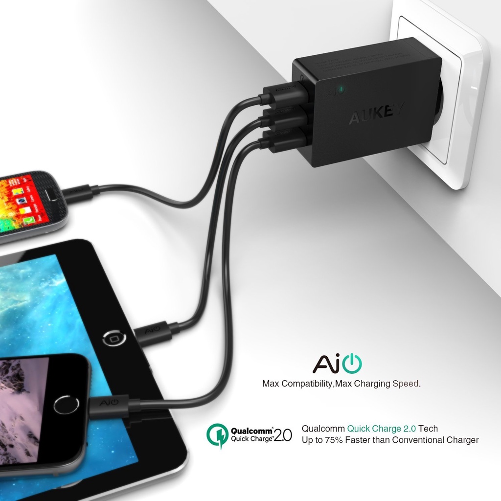 SẠC NHANH 2.0 QUALCOMM AUKEY 3 CỔNG PA-T2 CHÍNH HÃNG