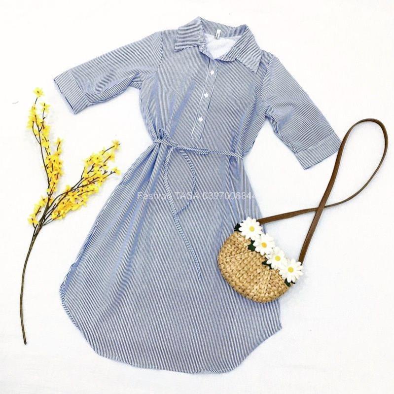 X2 váy sơ mi sọc tà tròn Đầm công sở thắt dây eo tôn dáng