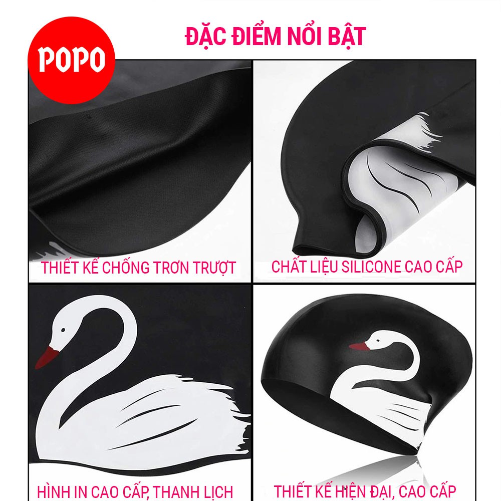 Mũ bơi người lớn silicone in hình chính hãng POPO CA51 cho nam nữ chất liệu an toàn,chống trơn trượt, ngăn nước 100%