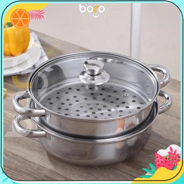 Nồi Hấp 2 Tầng kiêm nồi Lẩu Hấp Bánh, Hải Sản, Nấu Xôi Chất Liệu Inox Dùng Cho Mọi Loại Bếp