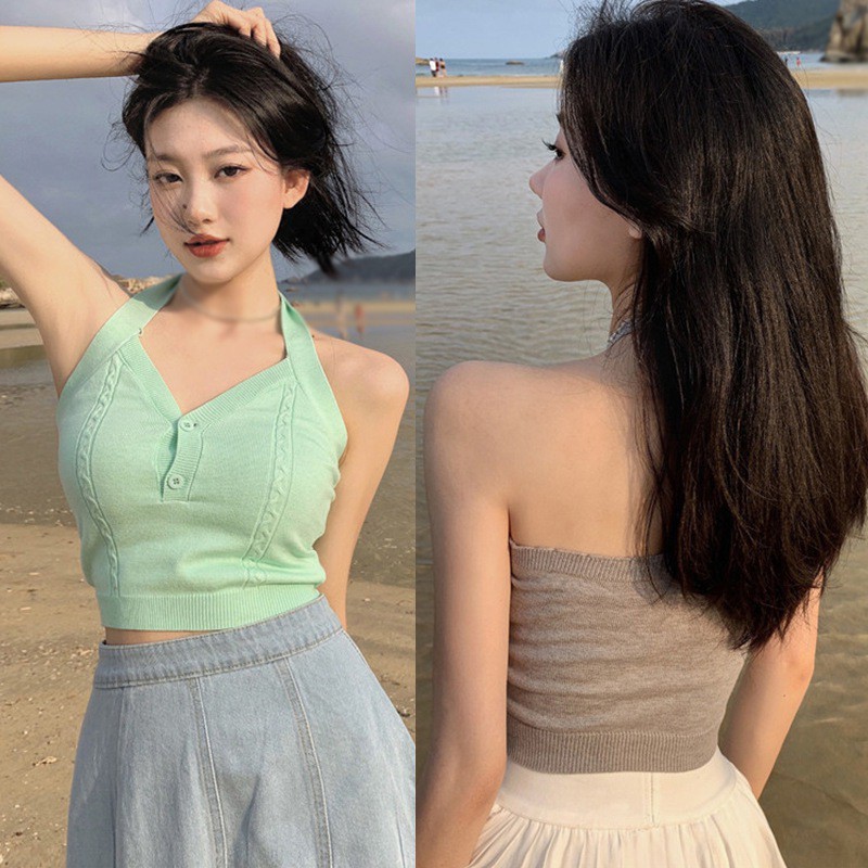 Áo Lửng Cộc Tay Cổ Chữ V Có Nút Thời Trang Cho Nữ Day6