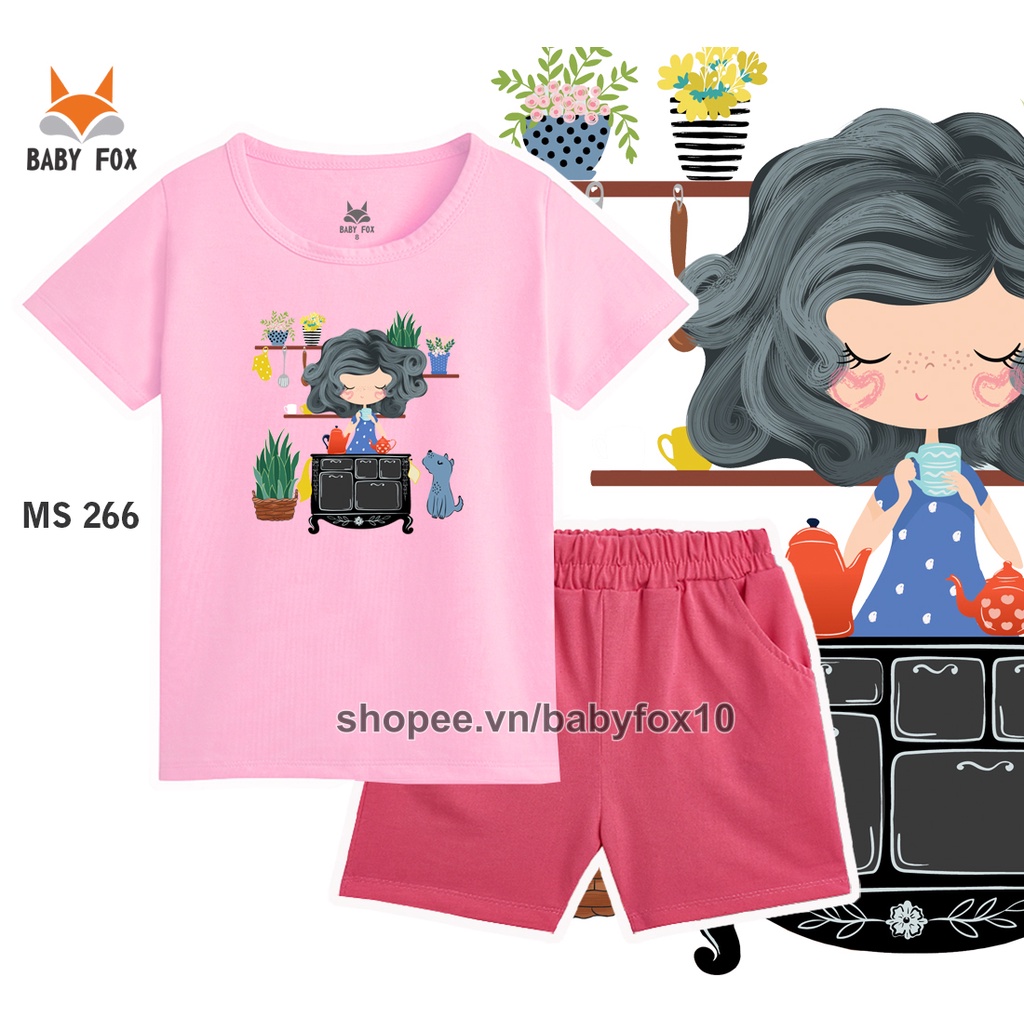 Bộ thun bé gái size nhỏ, trung, đại 100% cotton loại tốt, thương hiệu BABY FOX, in hình bé gái a