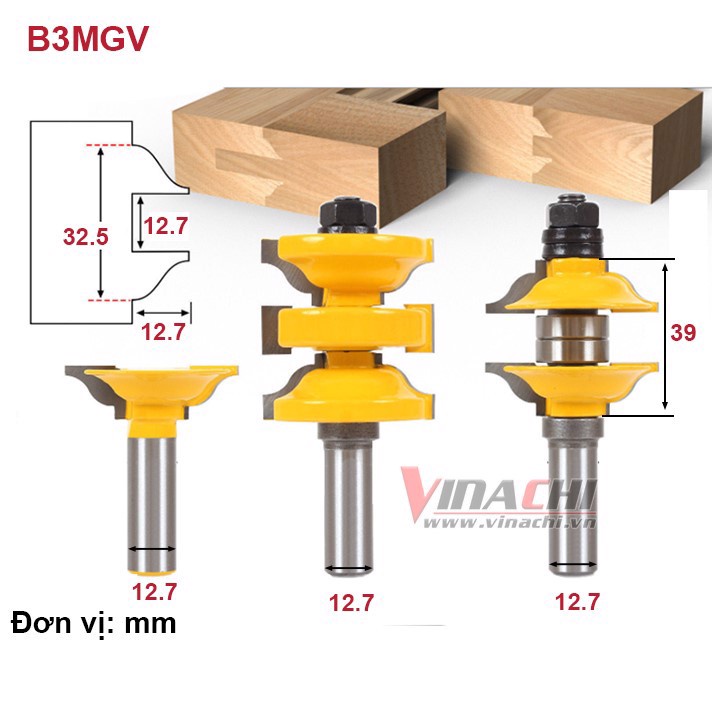 Bộ 3 mũi phay gỗ cắt rãnh 45 độ ghép góc vuông , ghép hộp, ghép mộng mòi