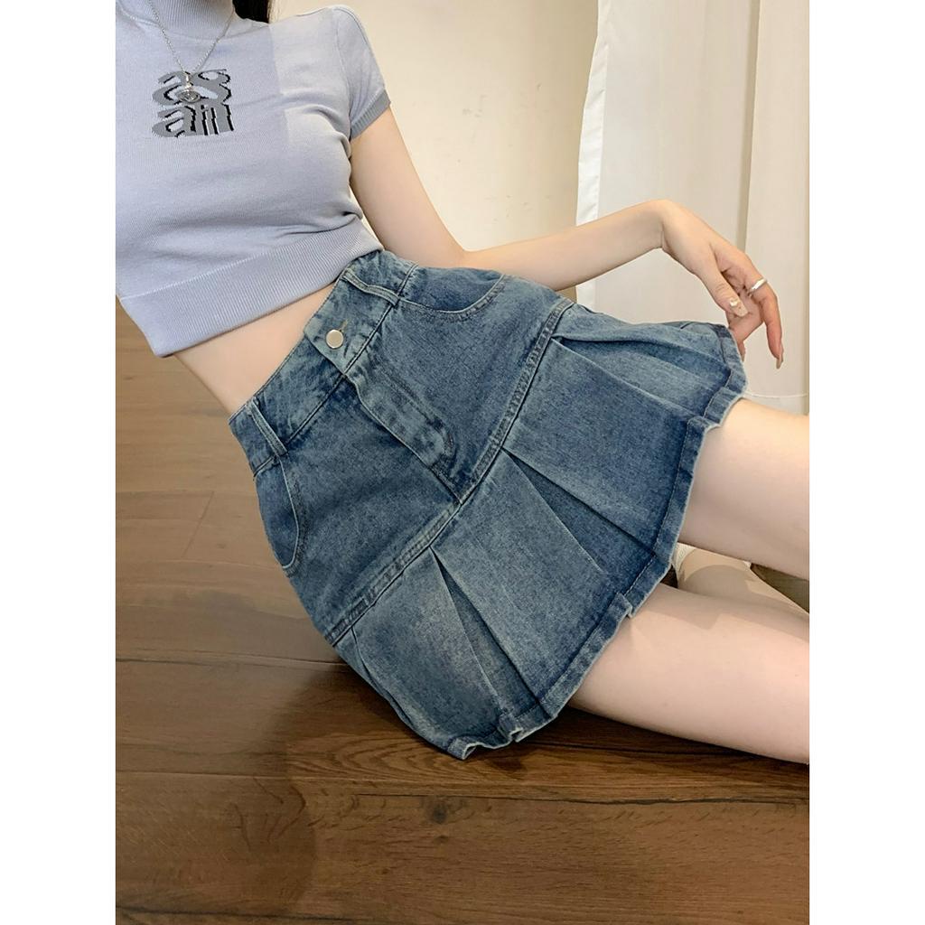 Lalisas Chân váy jean Ngắn Xếp Ly Dáng Chữ A Phong Cách retro Cao Cấp Cho Nữ