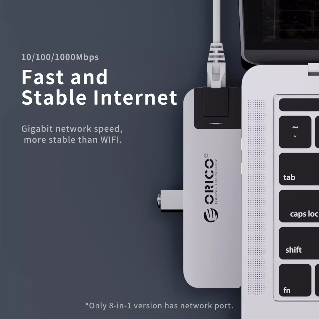 Bộ Hub chuyển đổi chia cổng 8 trong 1 Orico USB type C kép sang HDMI USB 3.0 Gigabit RJ45 dành cho Macbook Pro