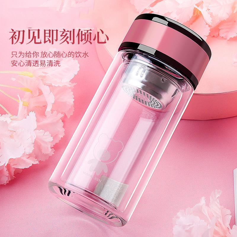 Bình Nước Thủy Tinh Hai Lớp Giữ Nhiệt Họa Tiết Dễ Thương Phong Cách Hàn Quốc