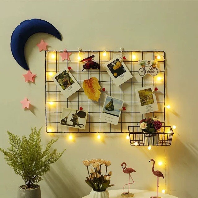 Combo Khung Hình Lưới Sắt+ Đèn Led Xài Pin Dài 3M 20 Bóng Đèn Tròn Cherry Ball Kẹp Hình Nghệ Thuật Trang Trí Decor