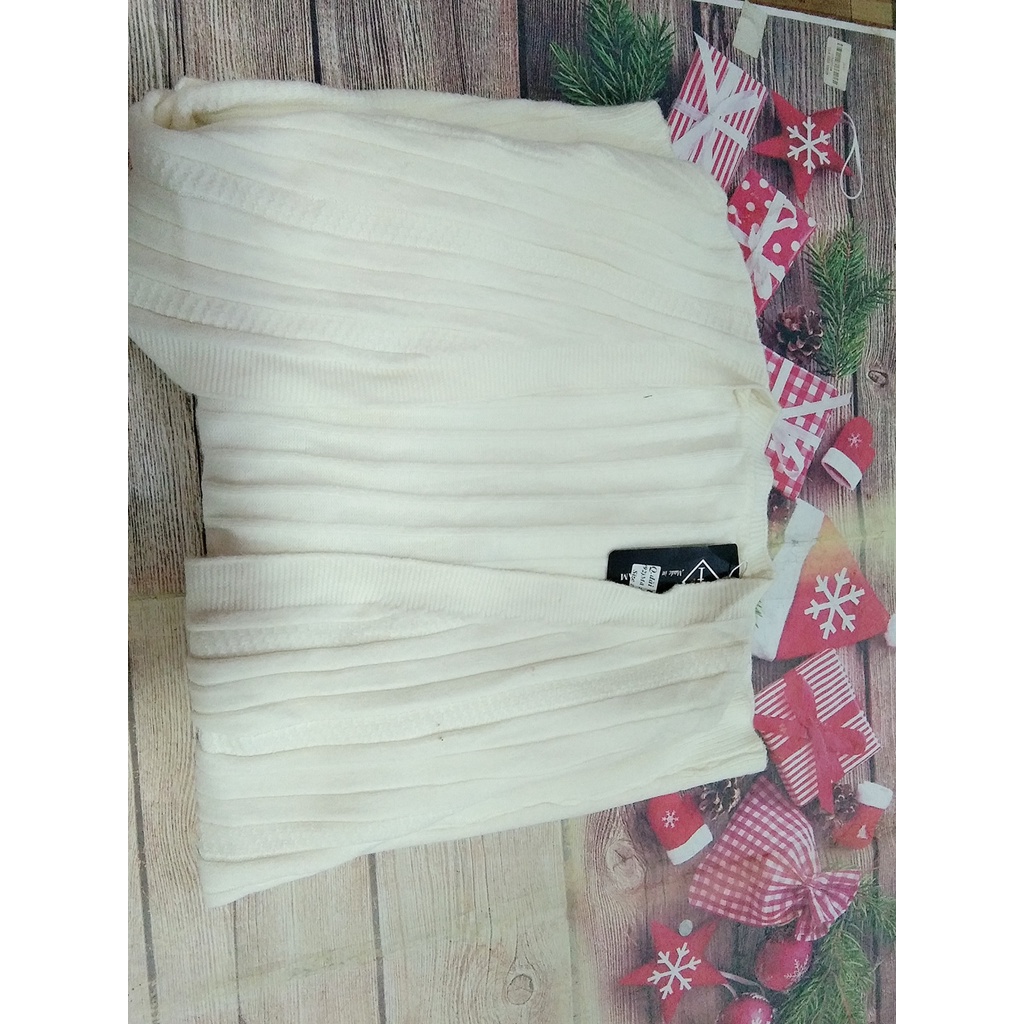 Áo khoác len dáng dài không cúc màu trắng