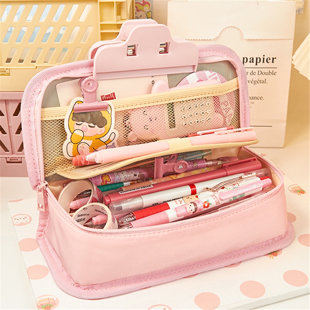 Cod Qipin Túi Đựng Bút Chì Mỹ Phẩm Để Bàn Nắp Lật Hai Ngăn Hình Chữ Nhật Màu Kẹo Đơn Giản INS Dành Cho Bạn Nữ