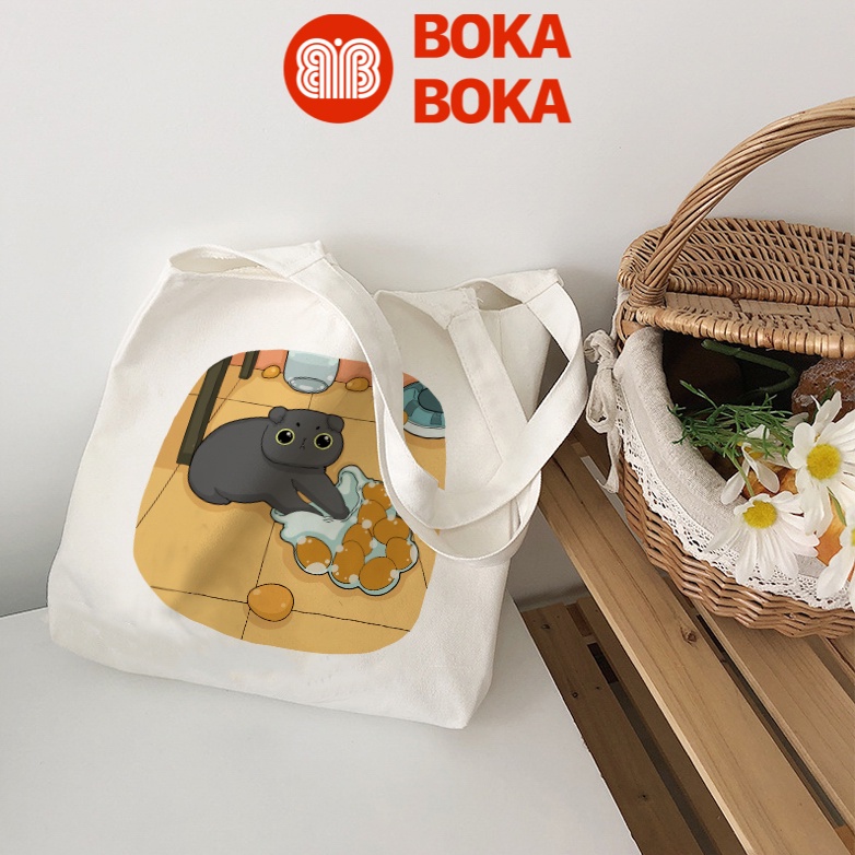 Túi vải tote canvas quai tròn in hình mèo Floofler phong cách Hàn Quốc