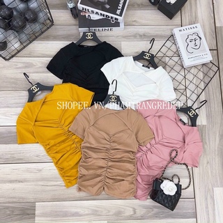 Áo thun kiểu nữ tay ngắn ôm body khoét ngực , áo thun bozip rúm ngực cổ chéo