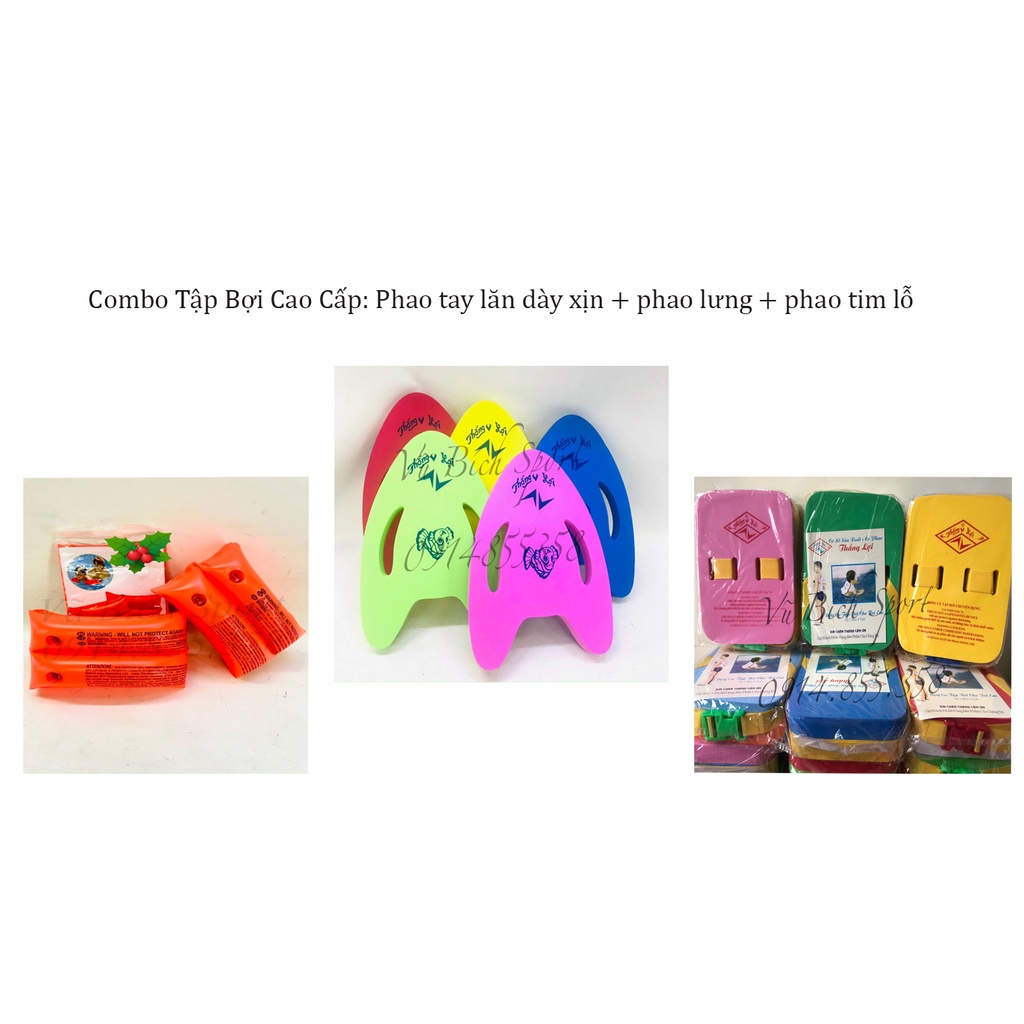 Set 3 dụng cụ tập bơi: Phao tim LỖ MỚI + phao tay lăn xịn/dày + phao lưng (giao màu ngẫu nhiên)