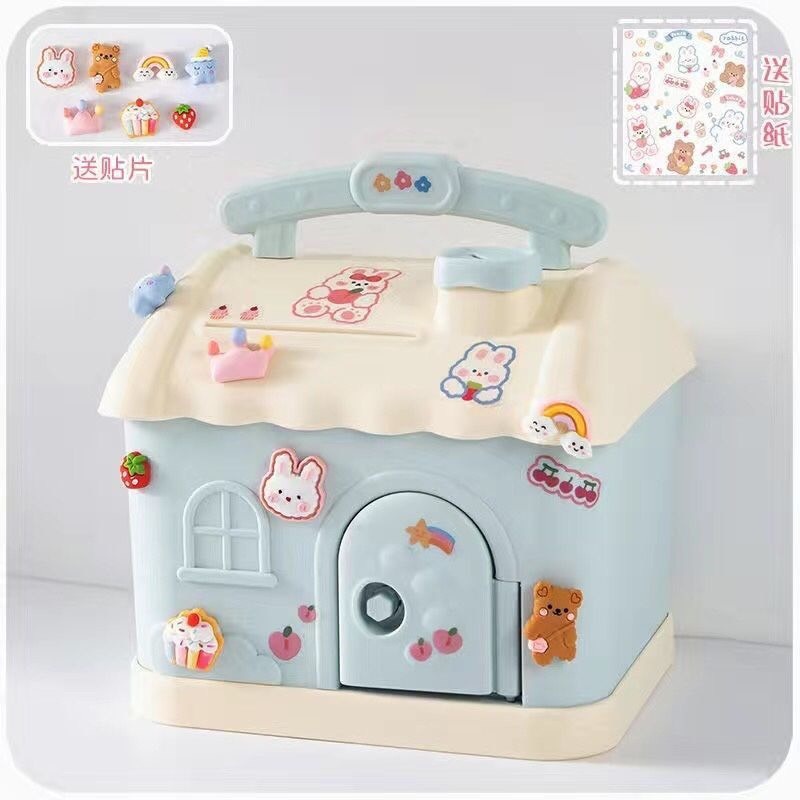 Két sắt mini, ống heo hình ngôi nhà ( kèm sticker 3D) dễ thương cho bé