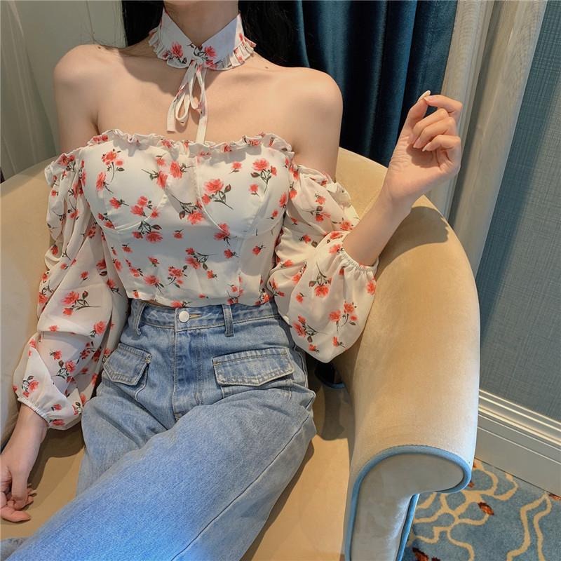 Áo Blouse Nữ Tay Dài Hở Vai In Hoa Thời Trang