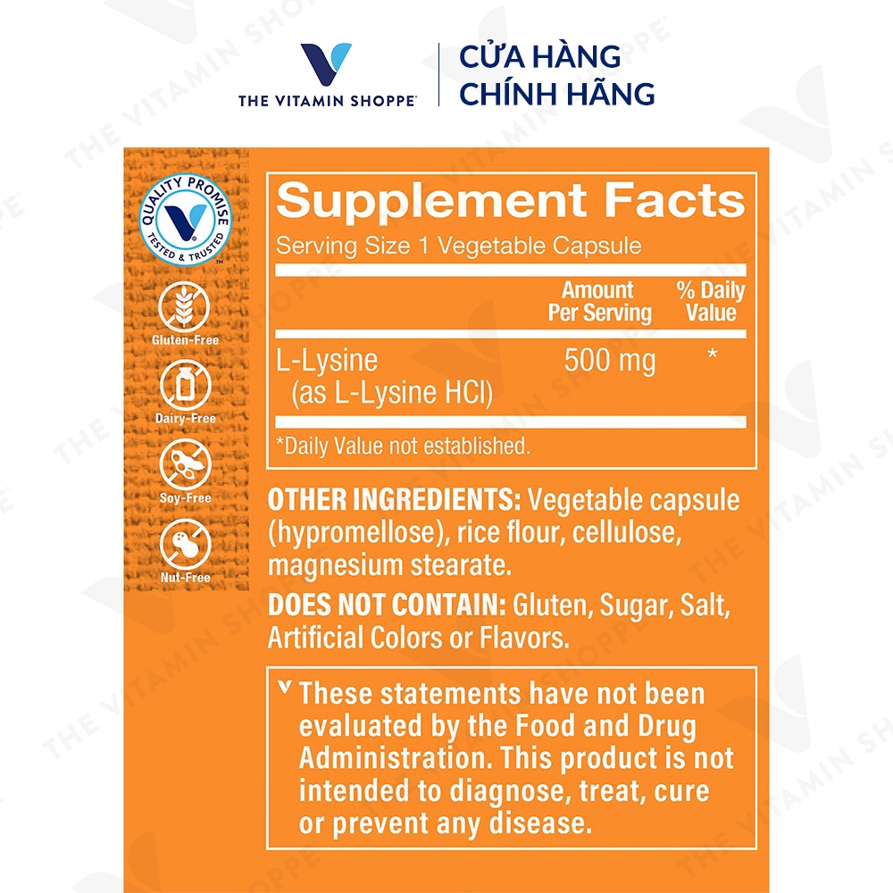 [Mã BMLTA35 giảm đến 35K đơn 99K] Viên uống tăng cường sức đề kháng THE VITAMIN SHOPPE L-lysine 500 MG 100/300 viên
