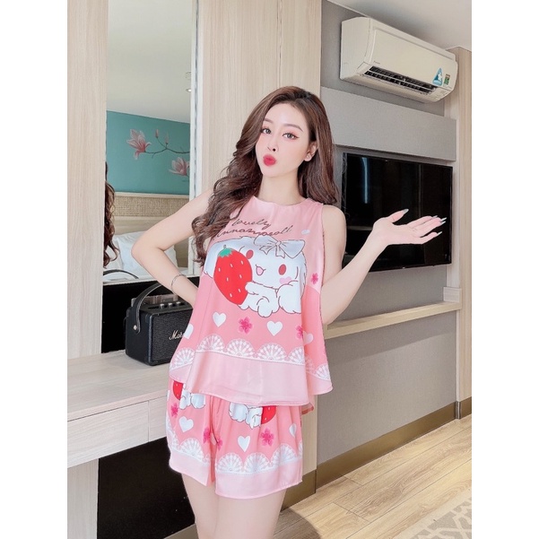 đồ ngủ nữ, set bộ mặc nhà quần ngắn áo sát nách form áo xoè in họa tiết siêu xinh