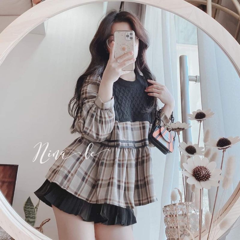 Áo babydoll kẻ caro phối len siêu xinh